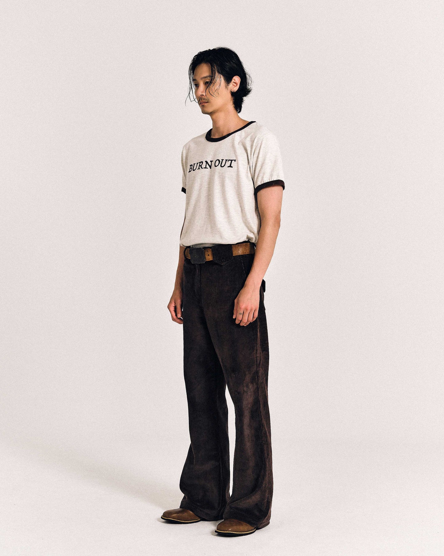 【REVURA レビュ―ラ】BURN OUT FRAY RINGER T-SHIRT OATMEAL / BROWN - UNISEX