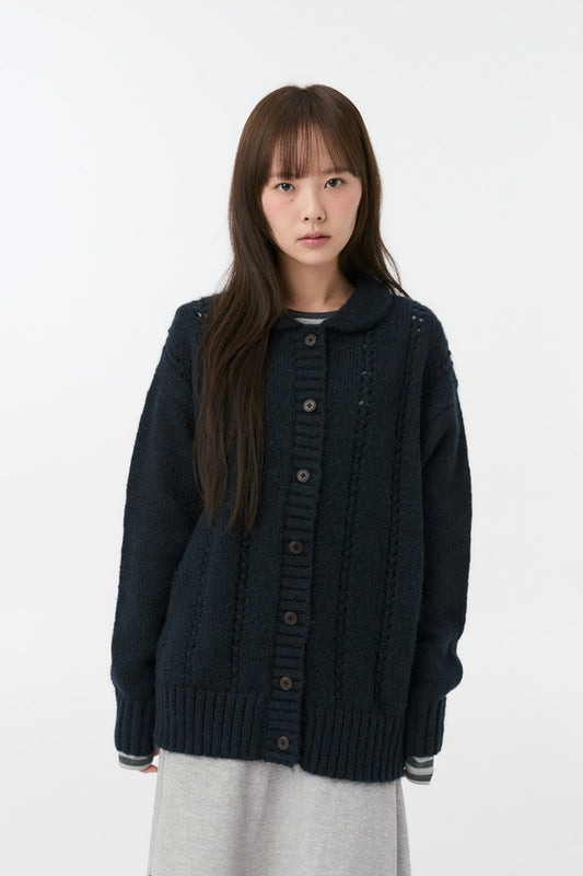 PUNCHING ROUND COLLAR CARDIGAN, NAVY