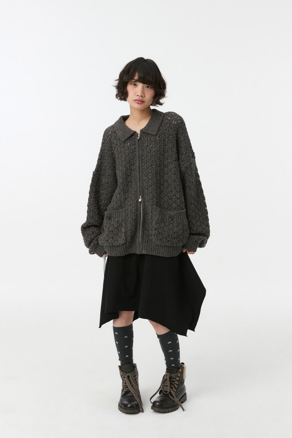 CROCHET KNIT ZIP-UP, CHARCOAL