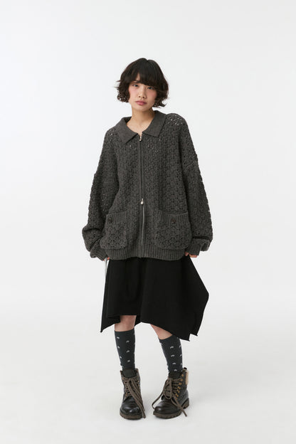 CROCHET KNIT ZIP-UP, CHARCOAL
