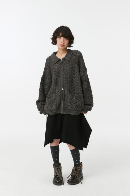 CROCHET KNIT ZIP-UP, CHARCOAL