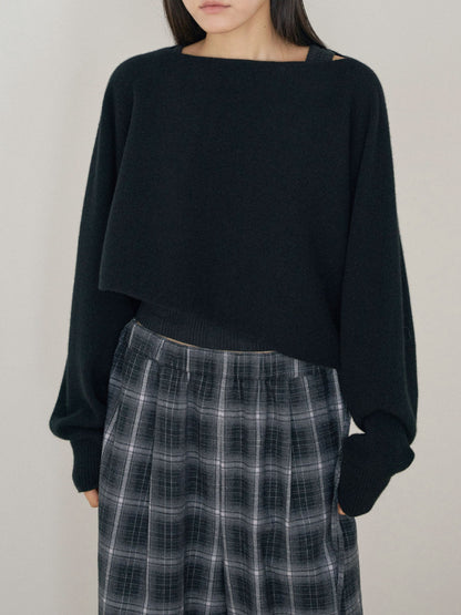 Unbalanced Boat Neck Pullover - Black 1