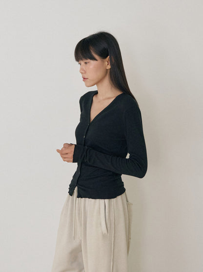 Wave V-neck Rib Cardigan - Black 4