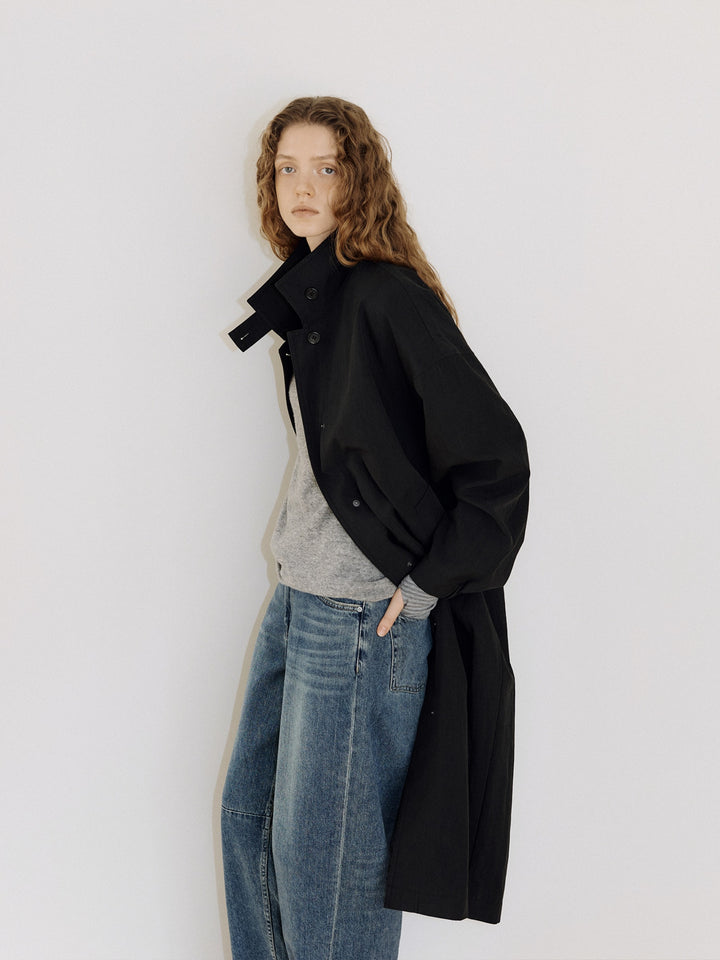 【MARAN】High Neck Trench Coat - Black