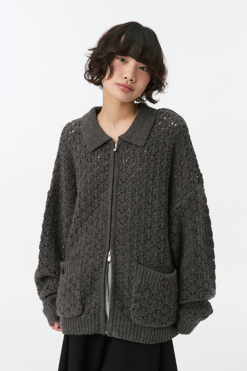 CROCHET KNIT ZIP-UP, CHARCOAL