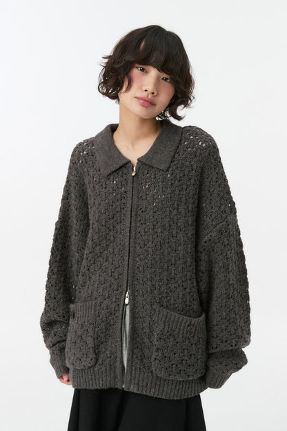 CROCHET KNIT ZIP-UP, CHARCOAL