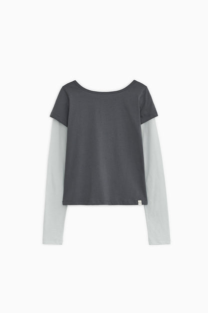 FLORAL LABEL LAYERED T-SHIRT, CHARCOAL