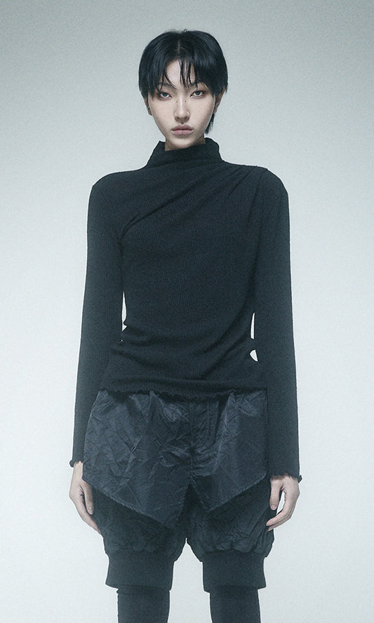 【Reculer レキュリー】Cowl string coloration draped T-shirt Black