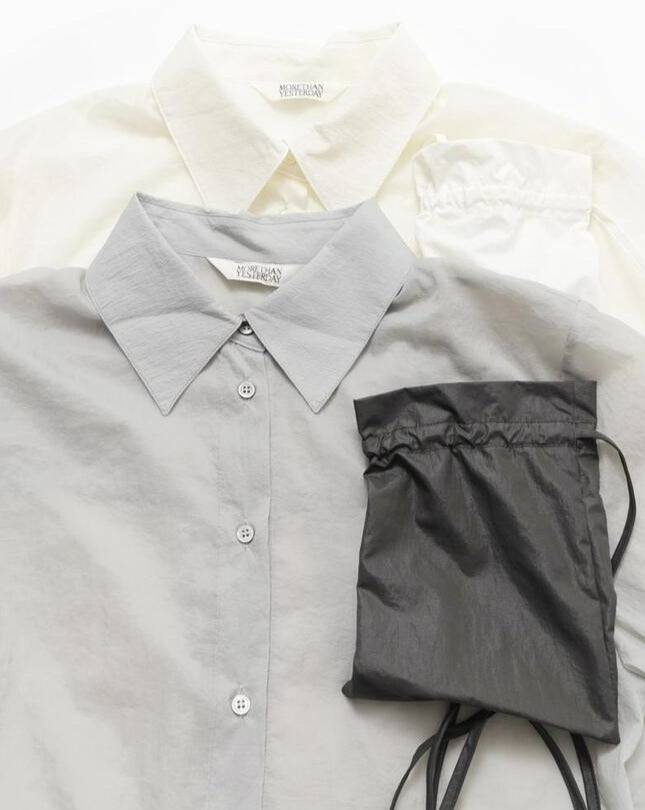 【MORE THAN YESTERDAY】Unbalanced Sheer Long Shirt with Mini Pocket Bag