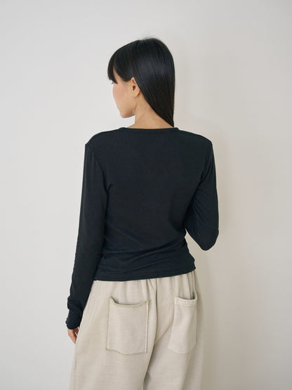 Wave V-neck Rib Cardigan - Black 5