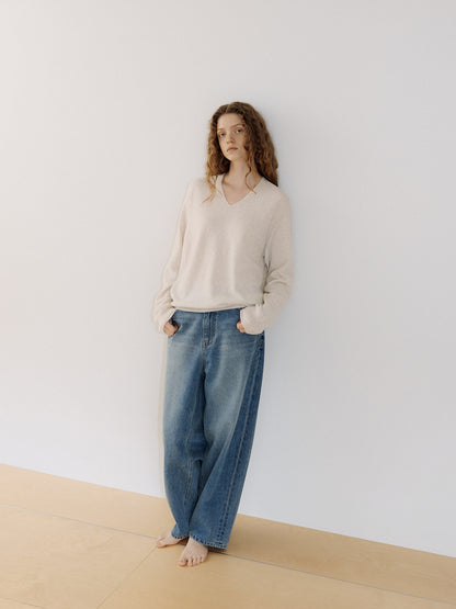 Cashmere Blend V-neck Pullover - Oatmeal 3
