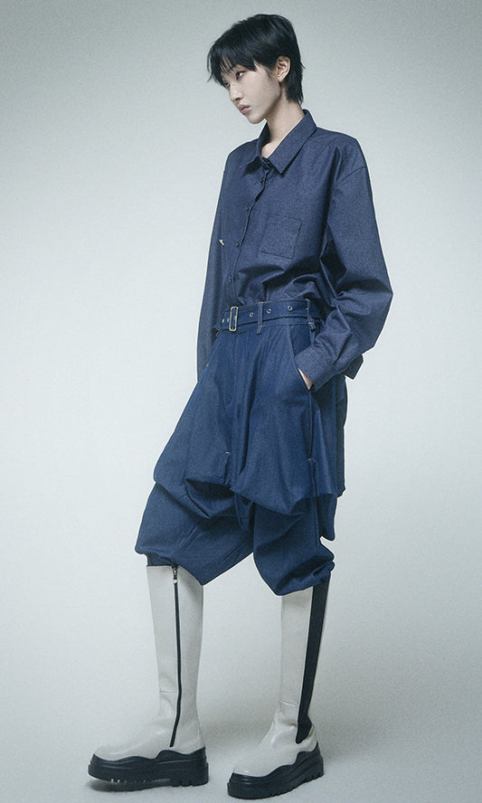 【Reculer レキュリー】Skirt silhouette baggy pants Like Denim Deep Blue