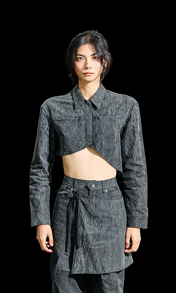 【Reculer レキュリー】Wrinkle R-crop shirts Charcoal