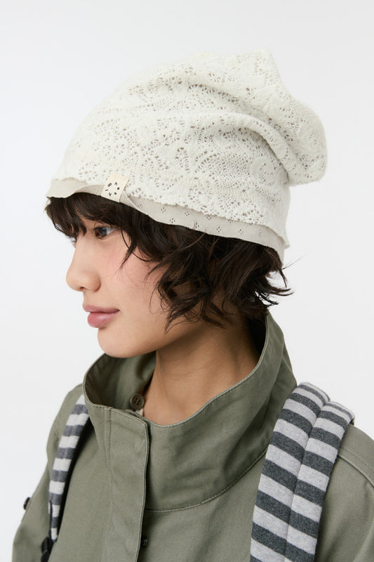 REVERSIBLE LAYERED KNIT BEANIE, CREAM