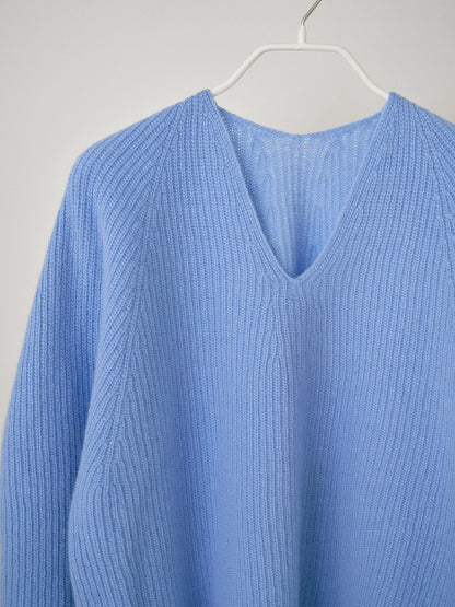 Wool V-neck Raglan Pullover - Blue 7