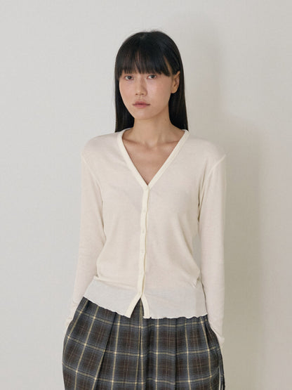 Wave V-neck Rib Cardigan - Cream 1
