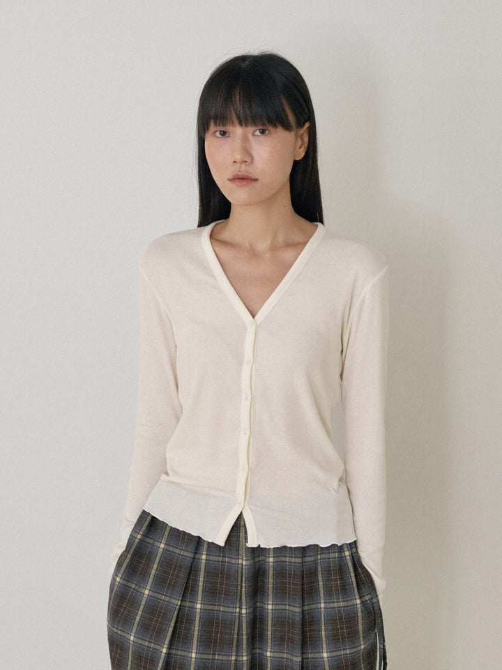 【MARAN】Wave V-neck Rib Cardigan - Cream