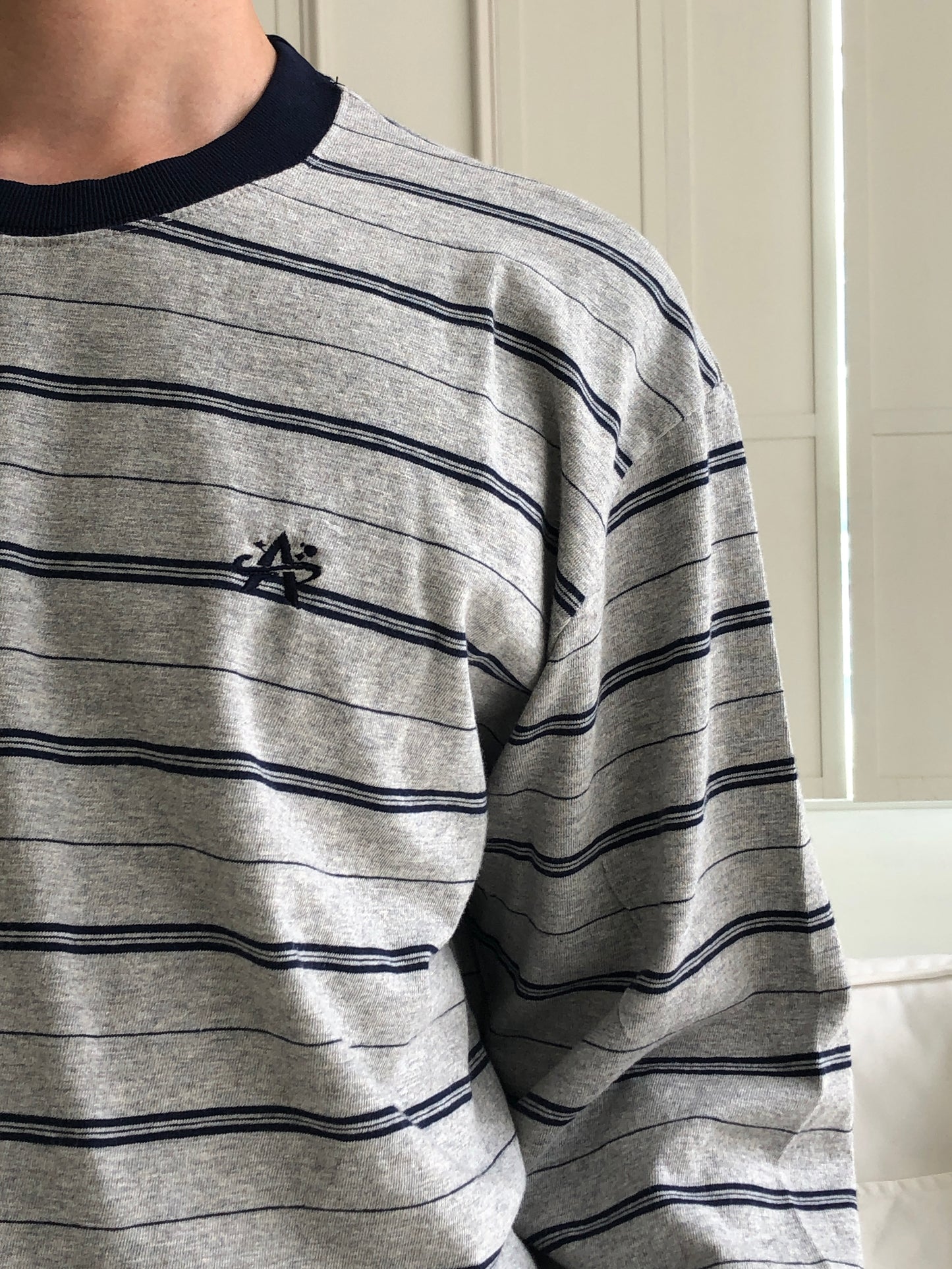 Embroidered Logo Stripe Ringer Long Sleeve Tee - GRAY STRIPE