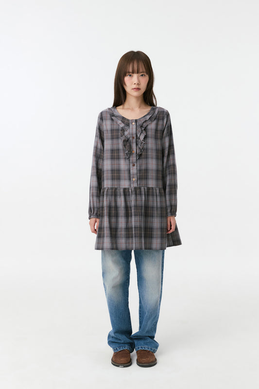 VINTAGE RUFFLE DRESS, GRAY CHECK
