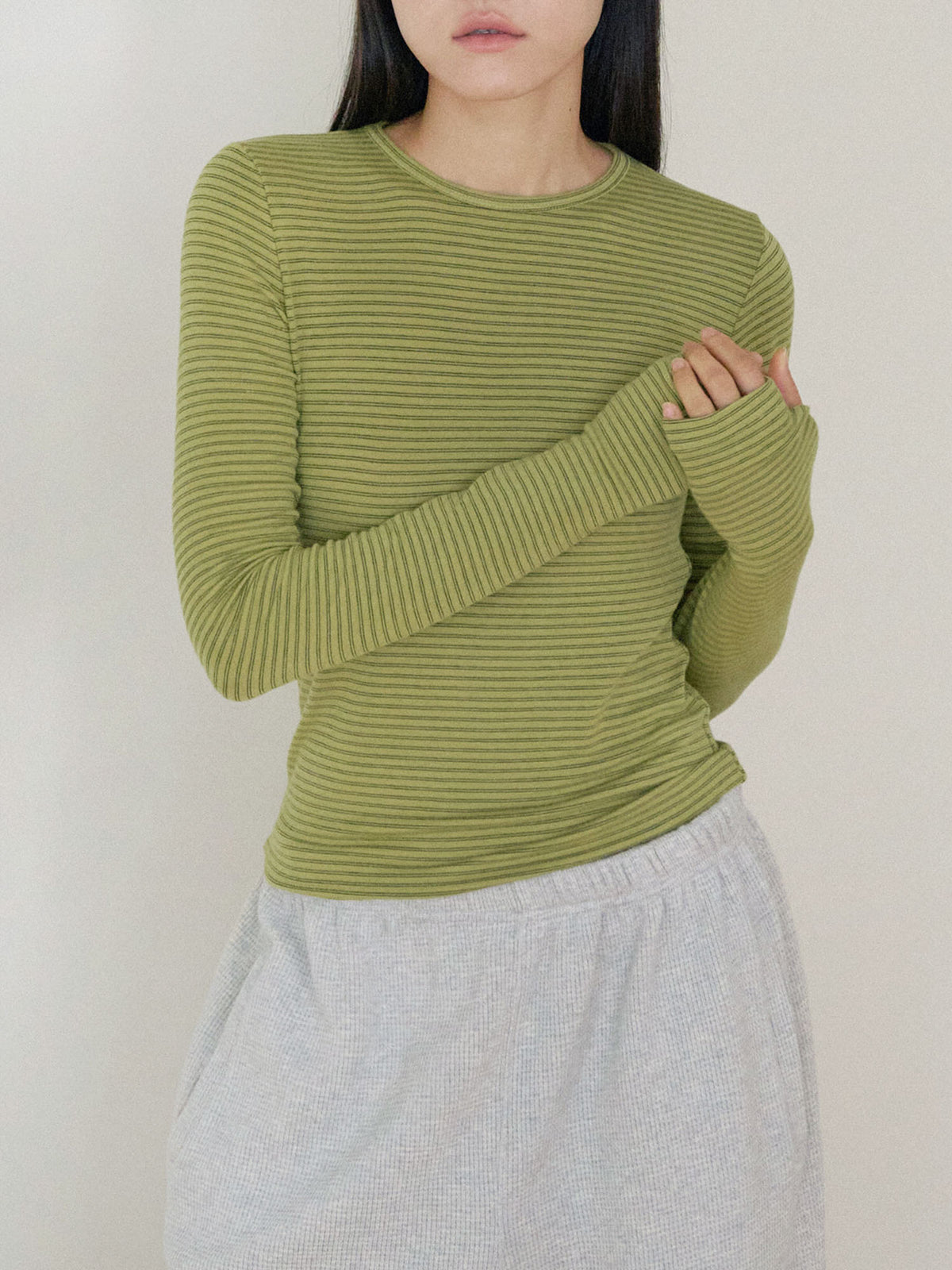 Rib Stripe Long Sleeve - Olive 2