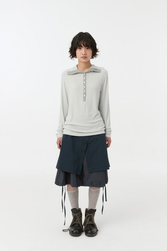 BUTTON STRING LAYERED WRAP SKIRT, NAVY