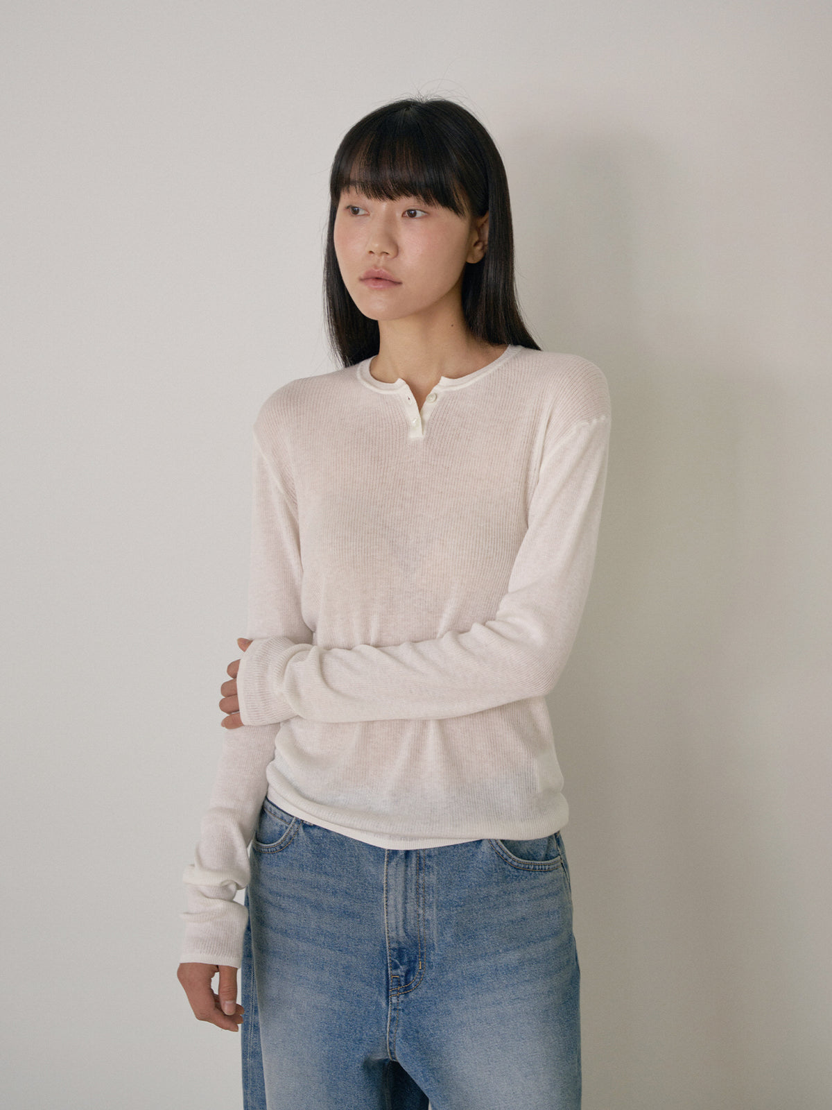 Henley Neck Pullover - Ivory 3