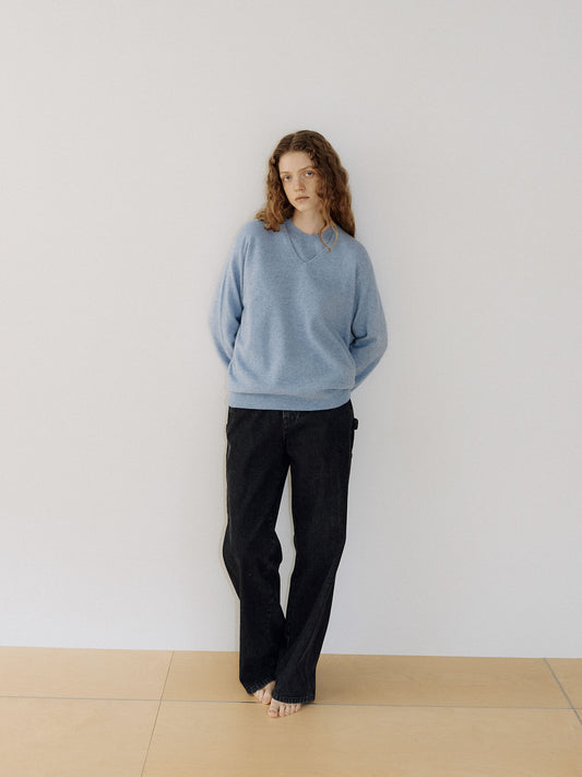 Cashmere Blend V-neck Pullover - Blue 5