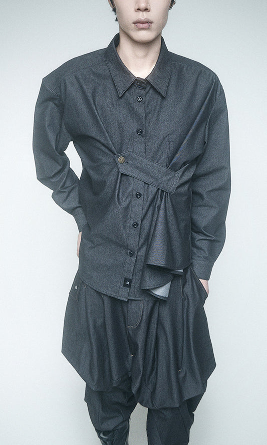 【Reculer レキュリー】Draping Basic long shirts Like denim Black