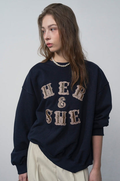 [HER&SHE 2025AW] Leather Mix Embroidered Sweatshirt