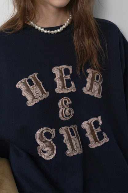 [HER&SHE 2025AW] Leather Mix Embroidered Sweatshirt