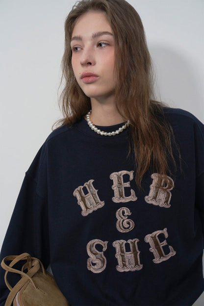 [HER&SHE 2025AW] Leather Mix Embroidered Sweatshirt