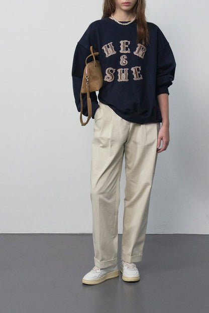 [HER&SHE 2025AW] Leather Mix Embroidered Sweatshirt