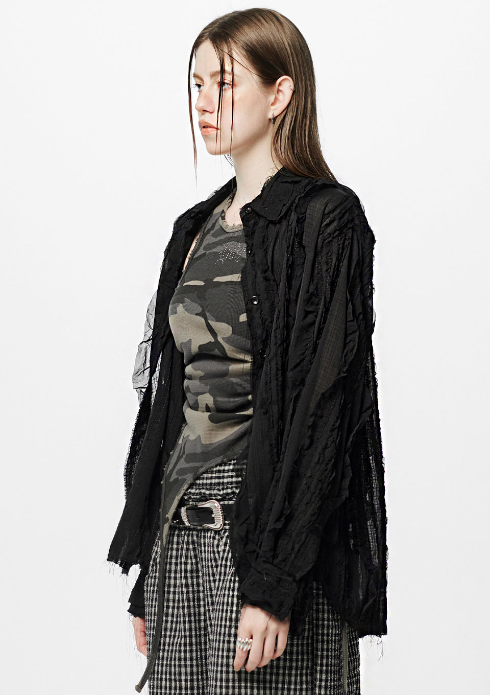 Raw Edge Detail Ruffle Shirt _ Black
