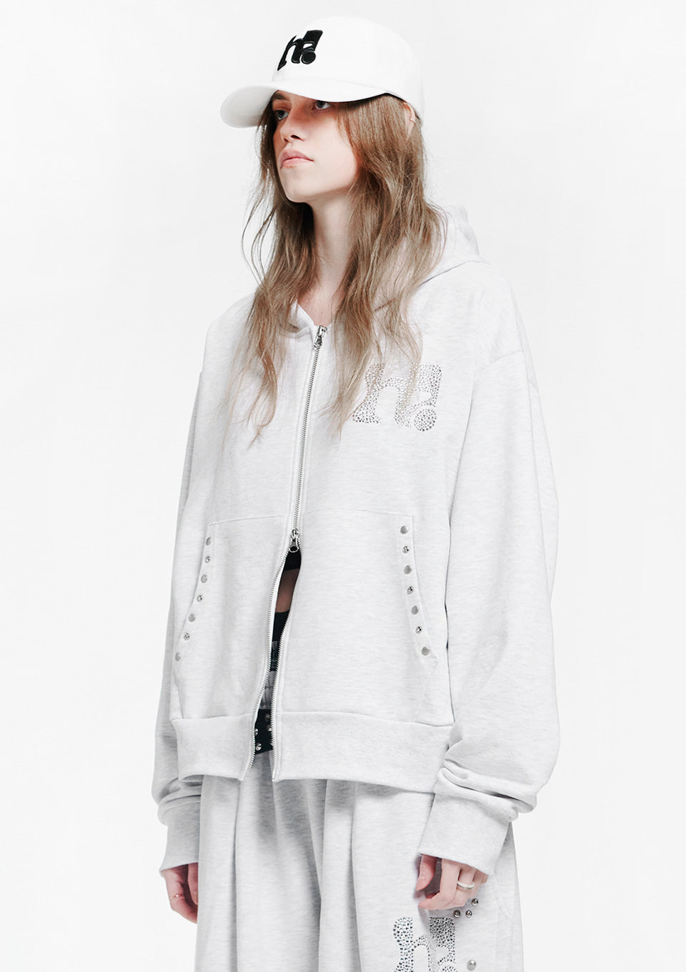 Holy Symbol Oversized hooded zip-up WHITE MELANGE