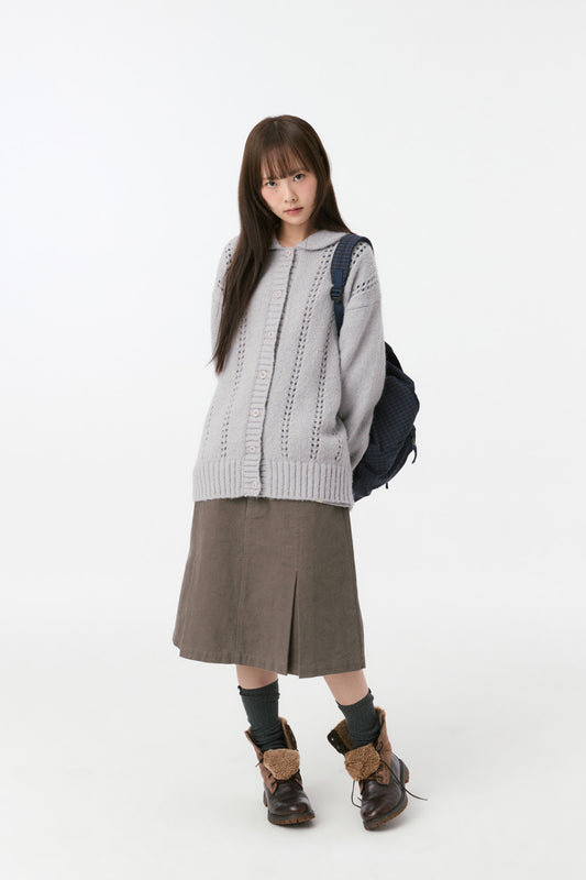 PUNCHING ROUND COLLAR CARDIGAN, LIGHT GRAY