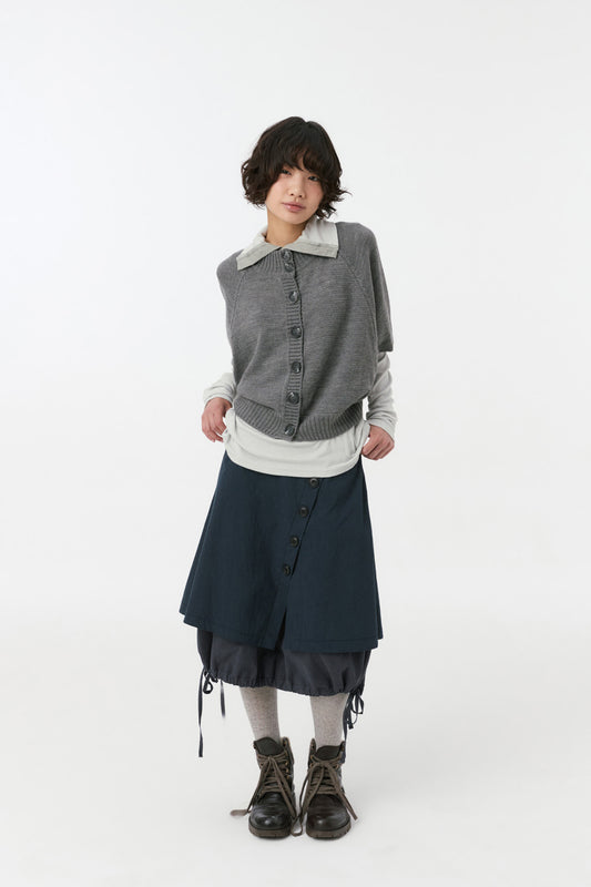 BUTTON STRING LAYERED WRAP SKIRT, NAVY