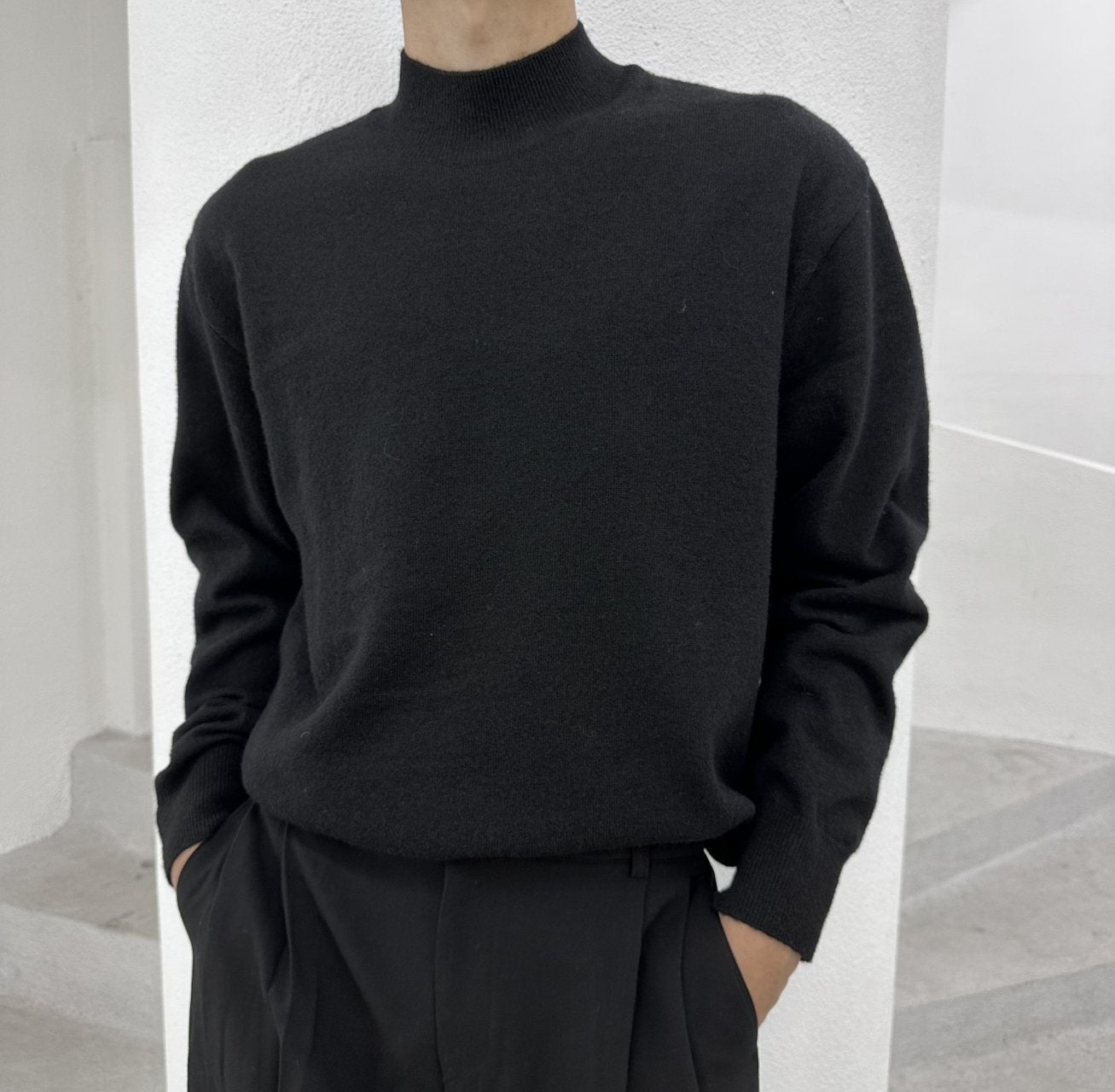 Wool Yono Half Polo BLACK 1