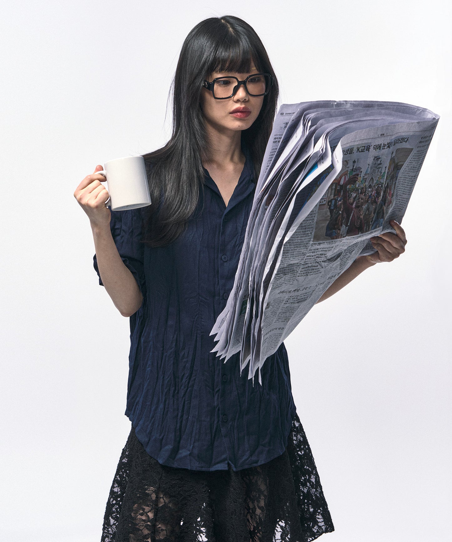 c wear crinkle linen half shirts navy クリンクル 質感