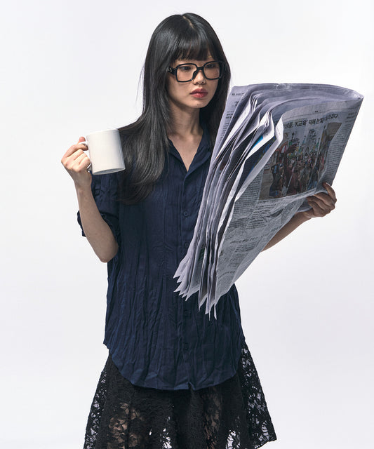 c wear crinkle linen half shirts navy クリンクル 質感