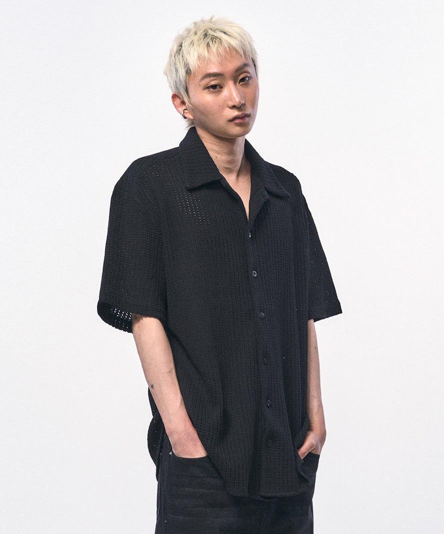 c wear crochet knit half shirts black 透け感 ニットシャツ