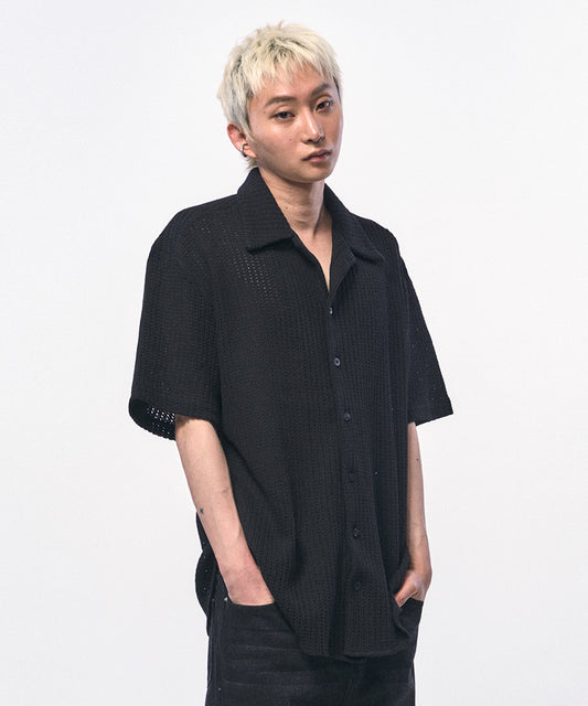 c wear crochet knit half shirts black 透け感 ニットシャツ