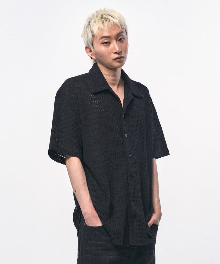 【C Wear シーウエア】CROCHET KNIT HALF SHIRTS BLACK