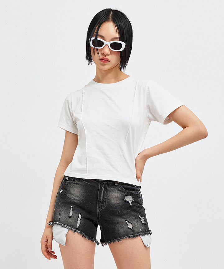 【C Wear シーウエア】MOM'S FAVORITE FIT PIN TUCK CROP T-SHIRT