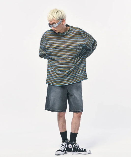 C Wear シースルークラフトニット カーキ 着用モデル 全身コーデ