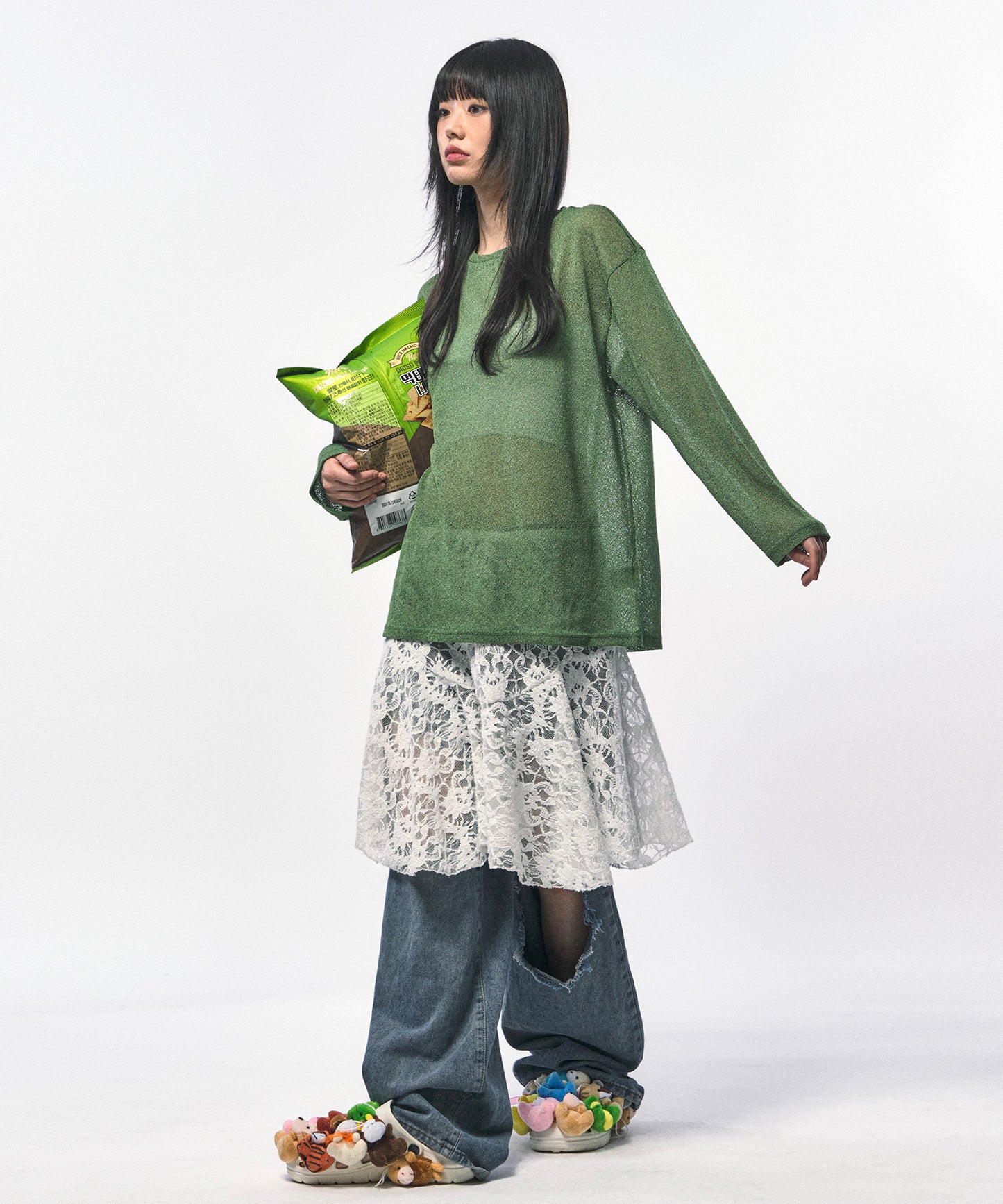 c wear see through long sleeve t shirt green シースルー ロングスリーブ グリーン 着用