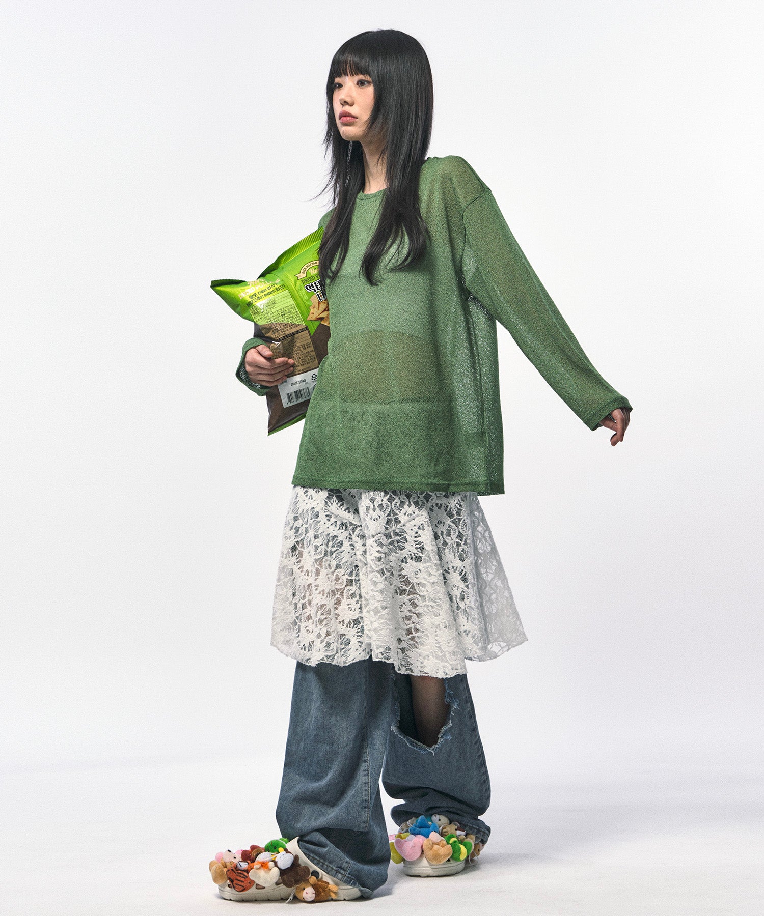 c wear see through long sleeve t shirt green シースルー ロングスリーブ グリーン 着用