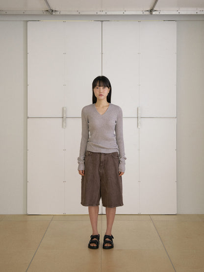 Double V-neck Rib Pullover - Gray 12