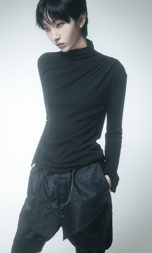 【Reculer レキュリー】Cowl string coloration draped T-shirt Black