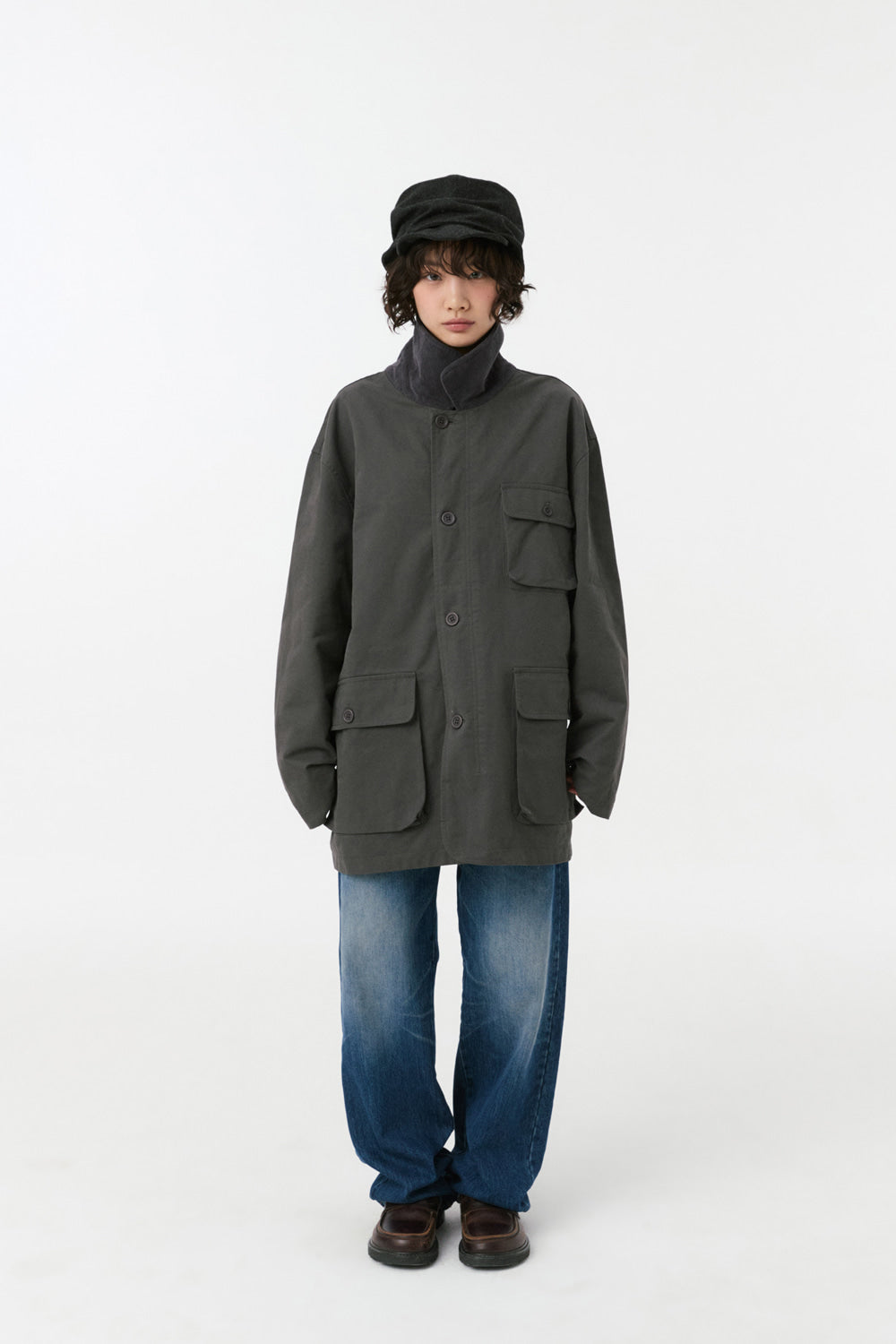 REVERSIBLE FLORAL COTTON JACKET, CHARCOAL