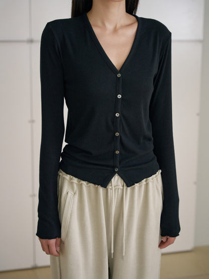 Wave V-neck Rib Cardigan - Black 1